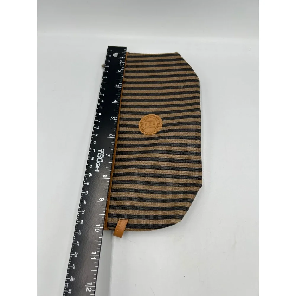 Fendi Pequin Striped Canvas Leather Cosmetic Pouch Bag Brown Black Vintage Italy